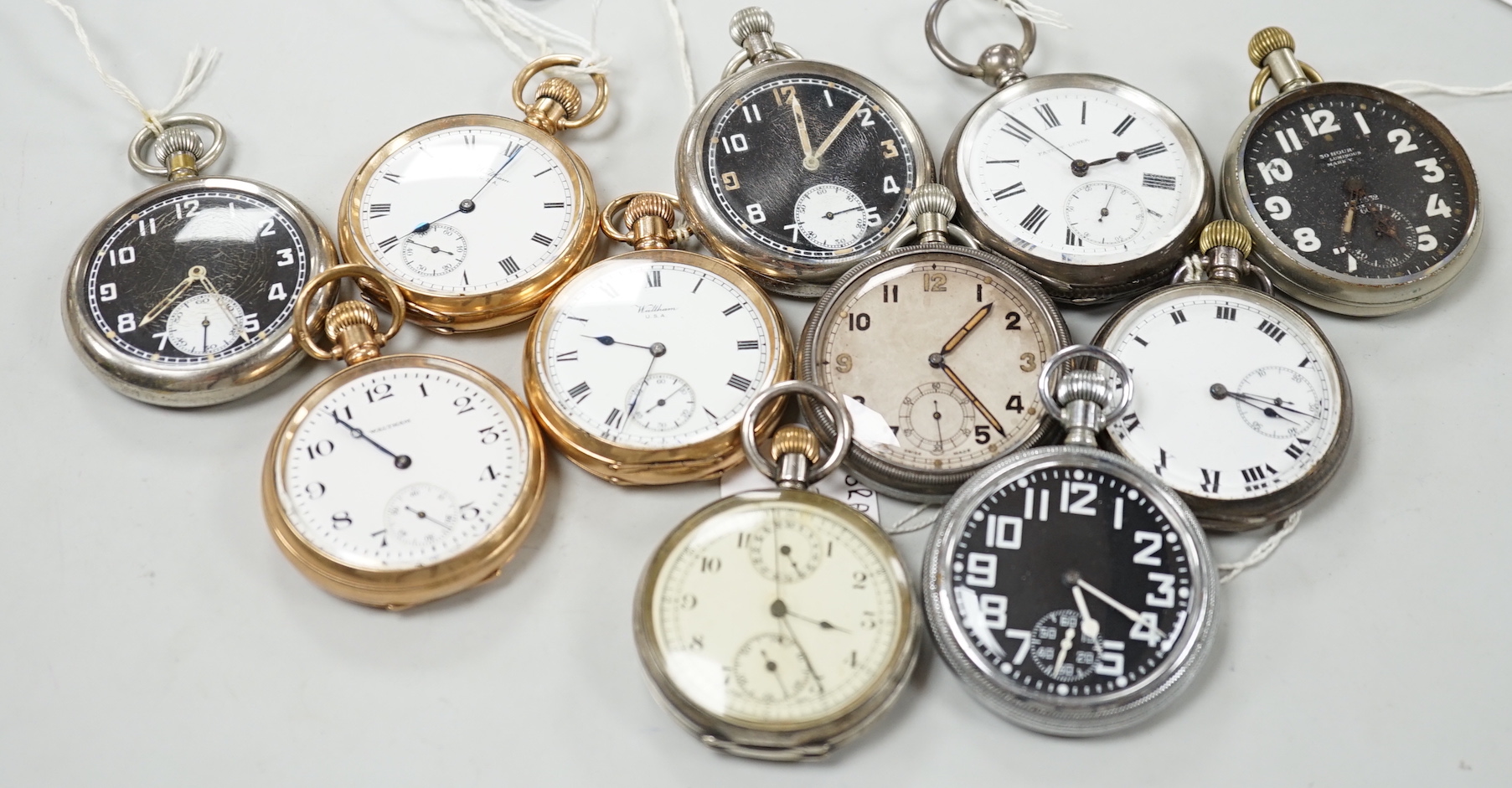 Eleven assorted gold plated or base metal pocket watches including three Waltham and Doxa military black dial.